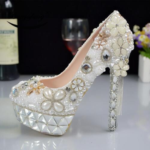 Bao YaFang 2019 New arrival Womens wedding shoes white pearl Bridal party dress shoes fringe Woman High heels platform shoe