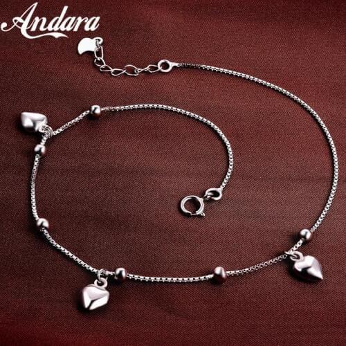 Solid Silver 100% 925 Sterling Silver Anklet Woman Heart Pendant Silver Chain Woman Jewelry
