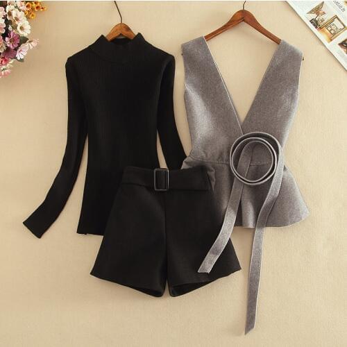 Autumn Winter New Women Three Pieces Sets Black Semi High Collar Sweater Bow Tie Ruffle Wool Vest Wide Leg Shorts Suits Lady