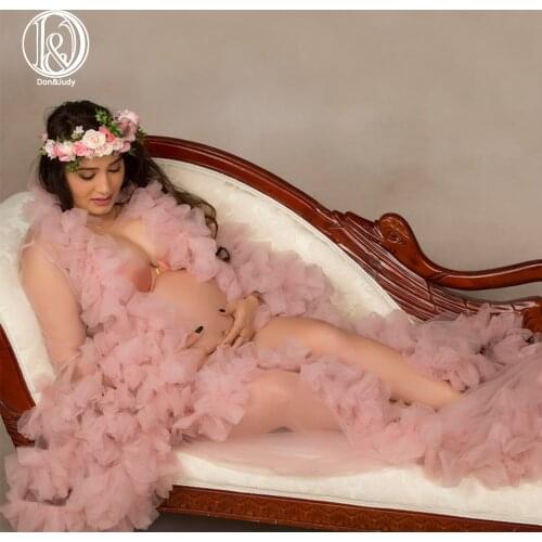 Don&Judy Maternity Tulle Dress Gown Fluffy Tulle Robes Custom Made For Photo Shoot Long Sleeve Ruffles Pregnant Women Party Prom