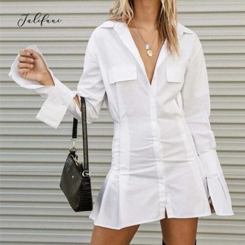 Womens White Leisure Shirt Dress Sexy Chic Stylish Pleated Mini Dress Long Sleeve Party Dresses Lady 2021 Summer New Vestidos