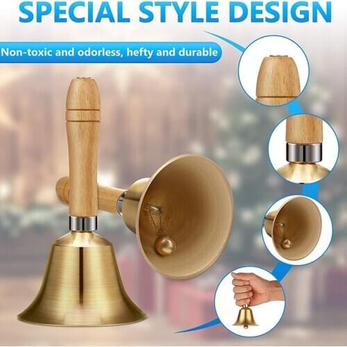 2 Pieces Brass Hand Call Bells with Wooden Handle Handbells Held Service Bell Animal Bell Decoration