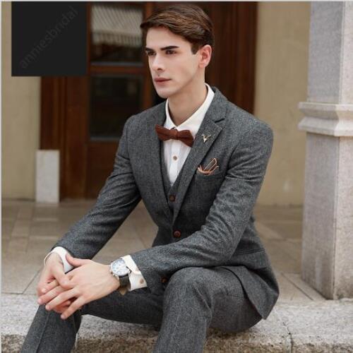 2017 Latest Coat Pant Designs Smoking Grey Tweed Groom Men Suit Slim Fit 3 Piece Tuxedo Custom Blazer Prom Suits Terno Masuclino