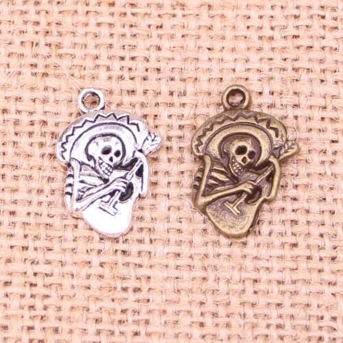 30pcs Skull In Sombrero With Guitar Charms Metal Pendants for Bracelet and Necklace Jewelry DIY Handmade 22*15mm