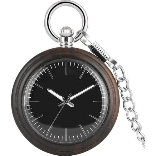 Classic Ebony Wooden Men Women Pocket Watch Black Round Dial Pocket Watches Alloy Pendant Chain Gifts