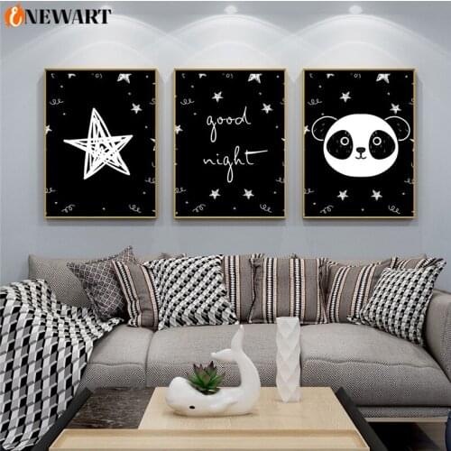 Black White Nursery Canvas Painting Bedroom Poster Print Panda Star Wall Art for Kids Room Good Night Decoration Picture Decor