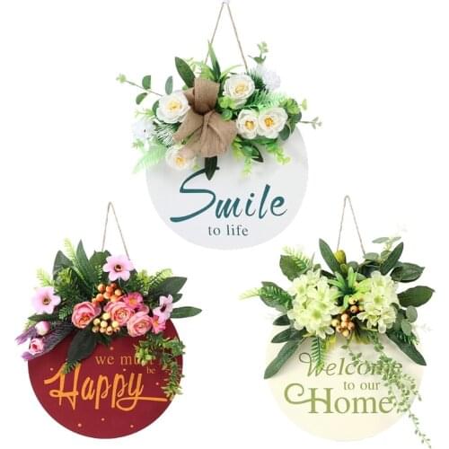 Front Door Wreath Wooden Hanging Sign with Flower Eucalyptus Wooden Hanger Outdoor Decorations for Home Farmhouse Porch M6CE