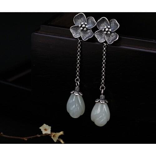 L&P Genuine 925 Sterling Silver Retro Mosaic Natural Jade Long Earrings Retro Elegant Engagement Jewelry For Women Gifts