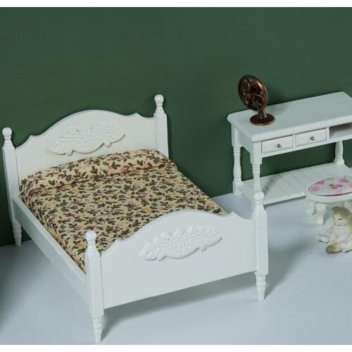 European Retro Design 1:12 Dollhouse Miniature White Wooden Bedroom Double Bed Dresser Mirror Chair Furniture Accs Kids Toys