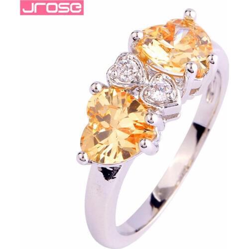 JROSE Romantic Fashion Love Heart Ring Champagne & White Cubic Zircon Silver Ring Size 7 8 9 10 For Wedding Women Jewelry