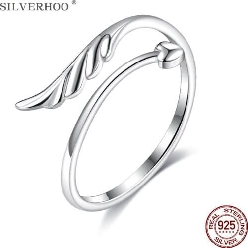 SILVERHOO 925 Sterling Silver Rings For Women Minimalist Feather & Heart Open Adjustable Finger Ring Wedding Engagement Jewelry