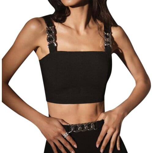 Summer Female Vest Girls Solid Color Square Collar Sleeveless Crop Tops with Metal Chain for Summer Black Versatile