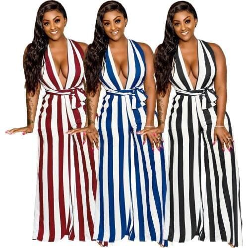 Fashion Summer Deep V-neck Sexy Jumpsuits women Stripe Party Club Playsuits Bodysuits Rompers