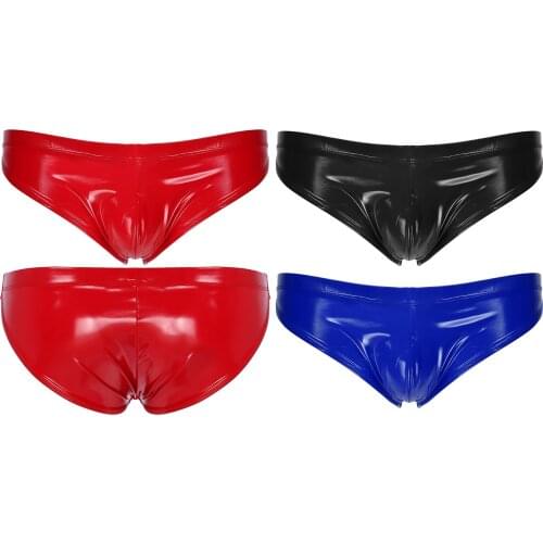 Mens Wet Look Low Rise Underpants Elastic Waistband Bulge Pouch Underwear Latex Patent Leather Briefs Glossy Lingerie Panties