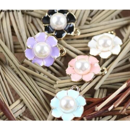 Newest Mini Order 20PCS 17*20MM Oil Drop Enamel Oil Drop Pearl Core Flower Necklace Pendants Jewelry Bracelet Decoration Charm
