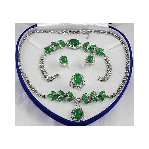 New Style Hot sale***Silver-tone hot-set jade jade oval Necklace Bracelet Ring Earring Fashion Wedding Party Jewellery