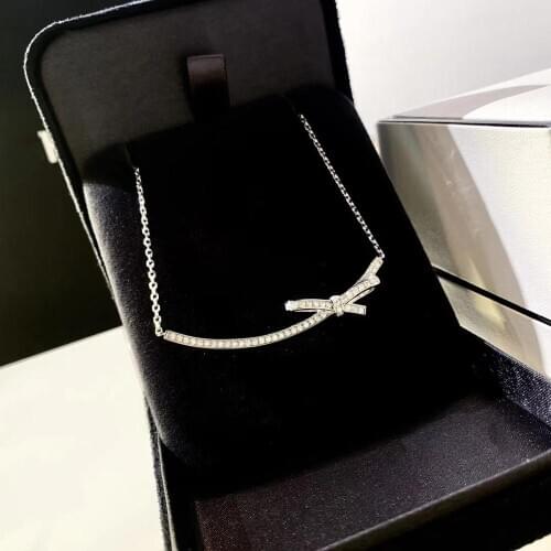Charm Bowknot Diamond cz Pendant Real 925 Sterling Silver choker Party Wedding Pendants Necklace For Women GirlFriend Jewelry
