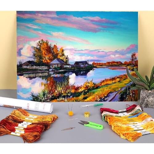 Landscape Near The Pond Printed 11CT Cross-Stitch Patterns Embroidery DMC Threads Handmade Hobby Handiwork Sewing Needle