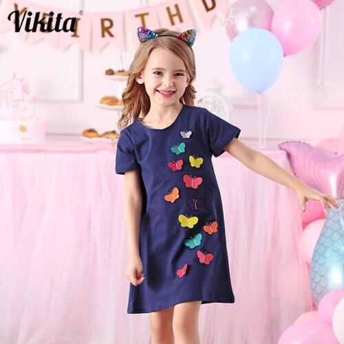 VIKITA Cotton Dress for Girls Baby Girl Children Casual Dresses Toddlers Butterfly Embroidery Straight Dress Kids Summer Clothes