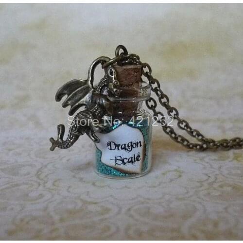 12pcs/lot Tur quoise Dragon Scale Necklace Fairy Dust Jewelry Dragon Charm Glass Bottle Pendant Dragon Pendant
