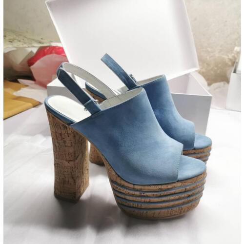Retro Suede Leather Layered Platform Chunky High Heels Sandals Summer Women Gladiator Sandals Ladies Peep Toe Back Strap Shoes