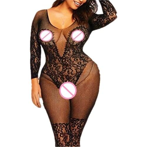 Sexy Erotic Fishnet Long Sleeve V-Neck Mesh Bodystocking Bodysuit Babydoll Lingerie Lenceria Porno Latex Catsuit Plus Size