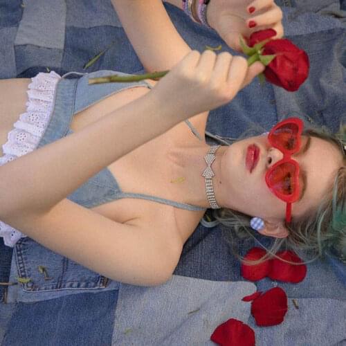 Sexy Cute Womens Summer Beach Style Jeans Set Bikini Light Blue Vest & Empire Waist Shorts With Red Ribbon Tie