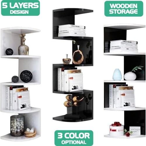 5-Layer Zigzag Corner Bookshelf Storage Rack Wall Mount Bookcase Wall Organizer Storage Shelf Save-space Storage Cabinet
