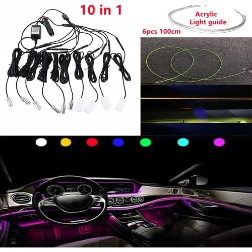 Universal 10 in 1 RGB LED Car Interior Decor Acrylic Fiber Optical Strip Light by App Control 12V Decorative Atmosphere Lamps