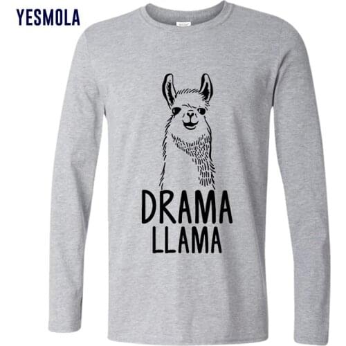 YESMOLA Drama Llama Print Long Sleeved Shirt 100% Cotton Custom T Shirt Autumn Men Cartoon Casual Men T-shirt