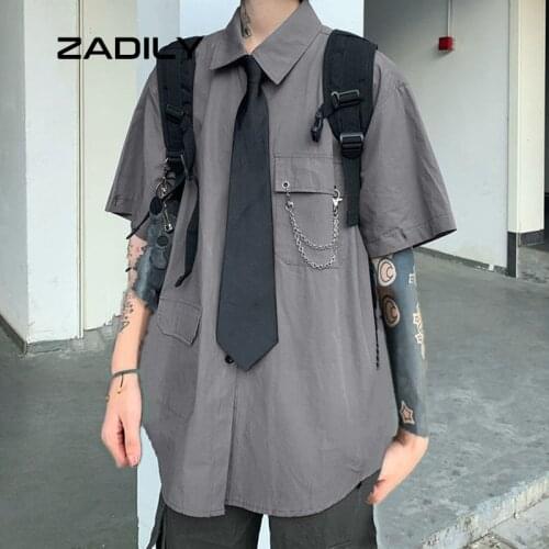 Zadily Street Style Short Sleeve Tie Shirt Women Hip Hop Oversize Button Up Pocket Solid Ladies Blouse 2021 Summer Hip Hop Tops