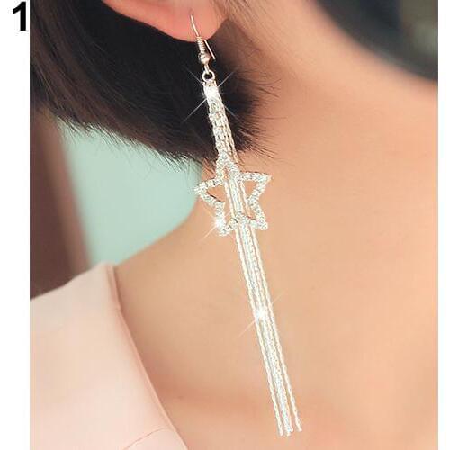 Womens Rhinestone Pentacle Star Drop Long Tassels Chain Hook Linear Earrings hot