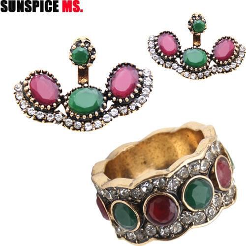 SUNSPICE MS Fashion Turkish Ring Earring Sets For Women Ethnic Wedding Bridal Jewelry Antique Gold Color Red Green Resin Bijoux