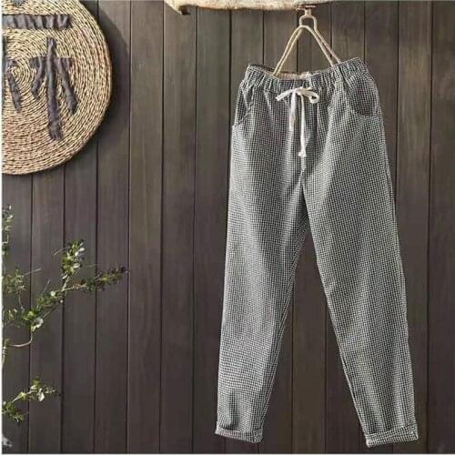 2021 New Summer Korean Style Women Loose Casual Elastic Waist Harem Pants All-matched Plaid Cotton Ankle-length Pants W03