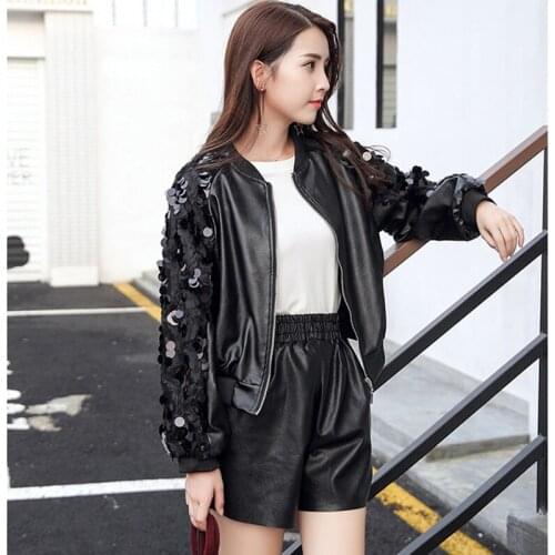 YUZACDWX Sequins Pu Leather Women Coat 2019 Autumn Korean Black Color Motorcycle Long Sleeve Female Jacket Man-made leather Coat