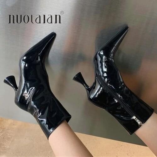 2021 Winter Fashion Women Boots Ladies Thin High Heel Pointed Toe Zipper Ankle Boots Patent Leather Female Short Boots