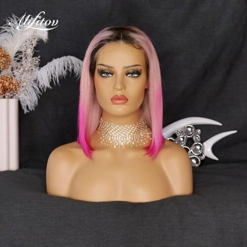 ALIFITOV Ombre Brown Pink Rose Red Lace Front Wigs Short Bob Wig Pre-Plucked Remy Hair Human Hair Wigs with Baby Hair For Women