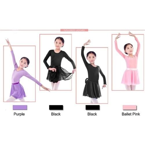 Girls Ballet Dress Long Sleeve Cotton Tulle Tutu Dance Leotard Dress for Performance Dancewear Clothes with Mini Chiffon Skirt
