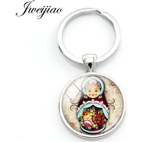 JWEIJIAO Tradition Russian Doll Keychain Matryoshka Japan Dolls Image Glass Gems Key ring Chain Holder Pendant DIY Custom JN14