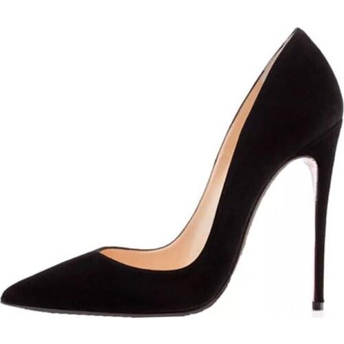 Black Suede Flock Women Pumps for Wedding Pointed Toe Sexy High Heels Shoes 12cm Stilettos Plus Size 45 RM007 CHENSIR9
