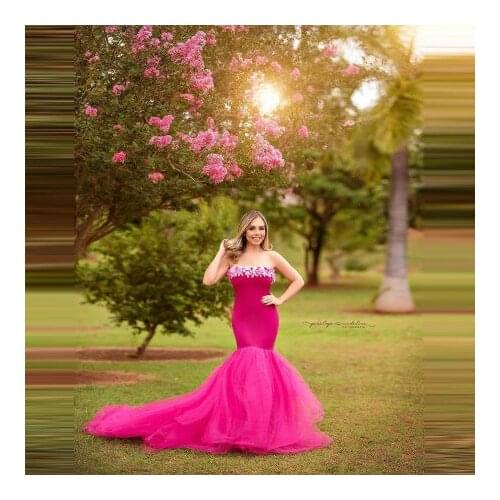 Fuchsia Mermaid Photo Shoot Dresses Slash Neck Strapless Tulle Trumpet With Train Stretchy Flowers Maternity Gown