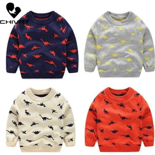 Kids Children Pullover Sweater Autumn Winter Boys Girls Dinosaur Cartoon Print O-neck Knitted Sweaters Tops Clothing for 3-8T