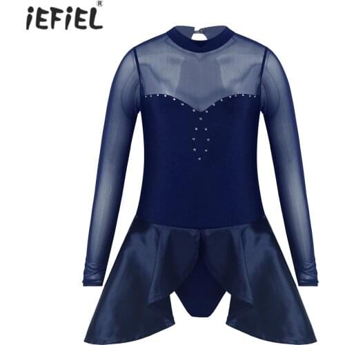 Kids Girls Figure Skating Dance Costume Long Sleeve See Through Mesh Patchwork Ballet Gymnastics Leotard Dress Dance Jumpsuit