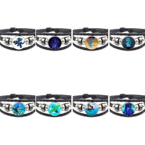 EJ Glaze Blue Color Pterosaurs Glass Cabochon Maxi Black Leather Bracelet Bangle Jewelry For Women Kids