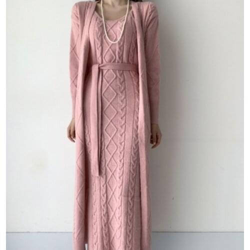 JSXDHK Elegant Winter Thick Knitted 2 Piece Set Dress Women Pink Twist Pattern Long Cardigan Sweater +Sleeveless Long Dress Suit