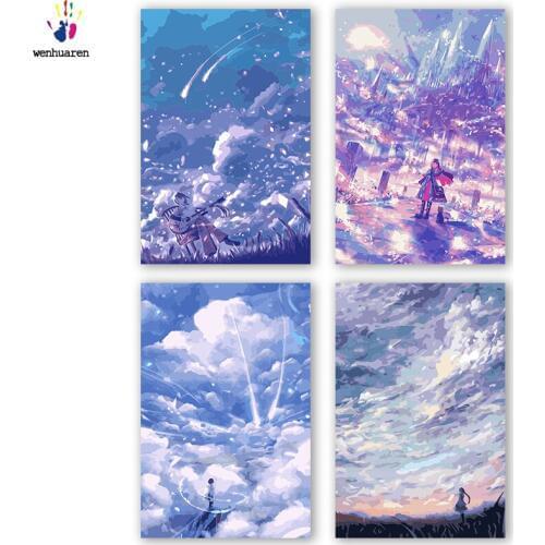 DIY colorings pictures by numbers with colors Cloudy blue landscape illustration picture drawing painting by numbers framed Home