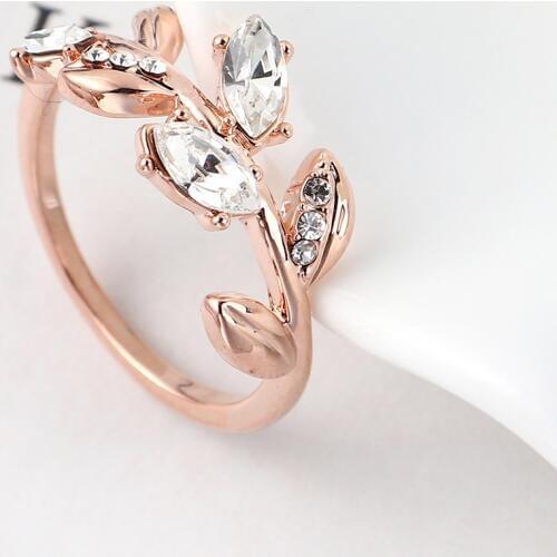 Baffin Tree Leaf Crystal Rings for Women Wedding Party Dating Rose Gold Color Plant Jewelry Fashion Gifts