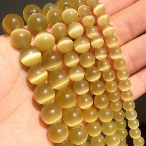 Yellow Champagne Cat Eye Stone Round Beads 4 6 8 10mm Glass String Loose Opal Beads for Jewelry Making Diy Needlework Bracelet
