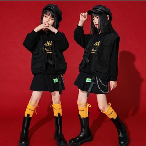 Girls Cool Hip Hop Carnival Cheerleader Costume Clothing Kids Crop Sweatshirt Tops Vest Skirt Jazz Dancing Street wear Clothes