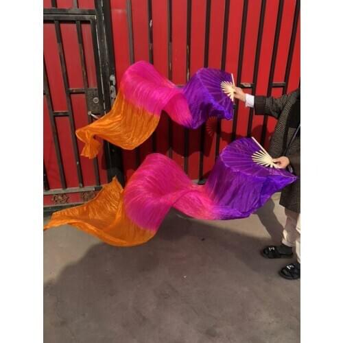 Hot Sell Cheap Imitation Silk Fan Veil Pairs Women Belly Dance Bamboo Fan Veils Flame Color 120cm 180cm